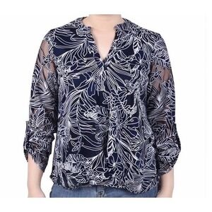 NY Collection XL Navy Roll Tab Sleeve Burnout Blouse Tropical Resort Coastal